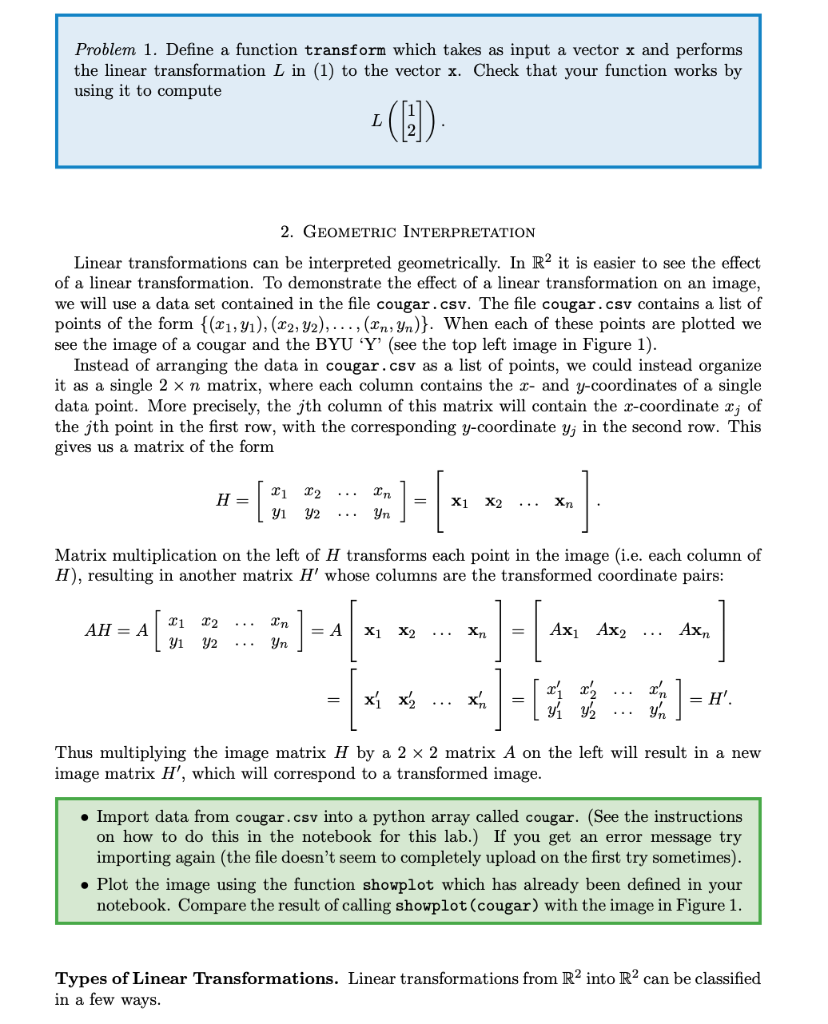 Solved Need Help With This Linear Transformation Lab With Chegg Com