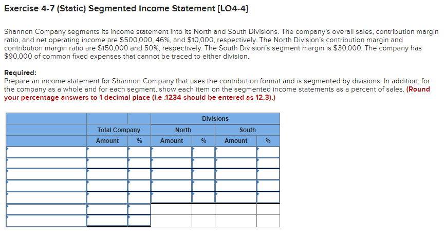 Solved Exercise 4-7 (Static) Segmented Income Statement | Chegg.com