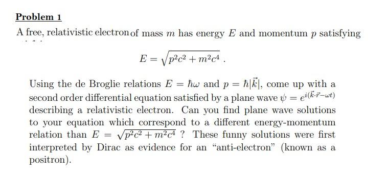 Solved Problem 1 A free, relativistic electron of mass m has | Chegg.com