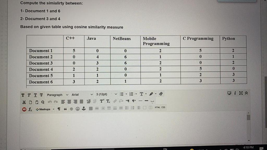 Solved Compute the simialirty between: 1- Document 1 and 6 | Chegg.com