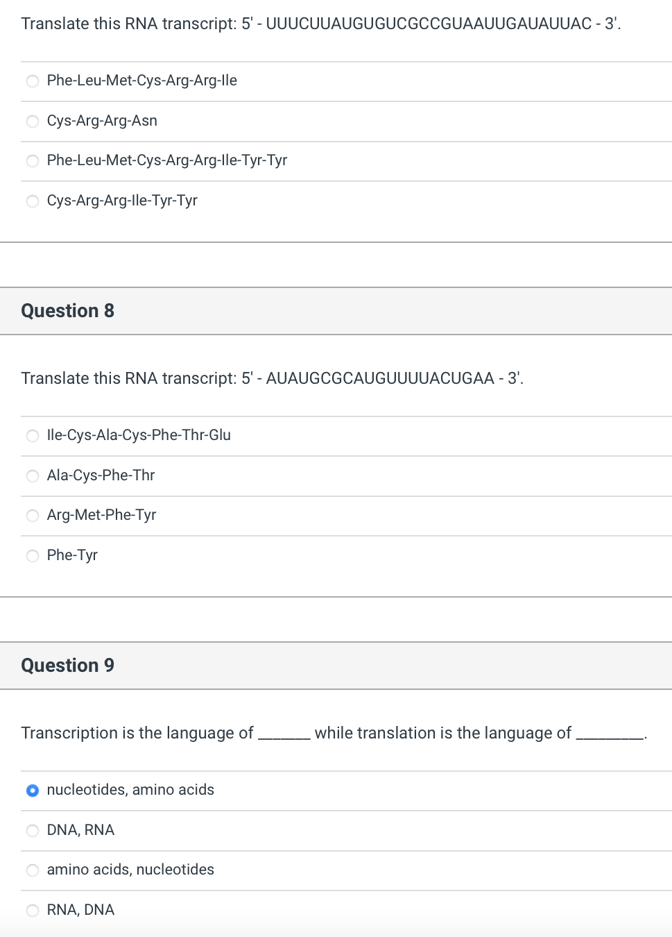 Solved Translate this RNA transcript: 5'- | Chegg.com