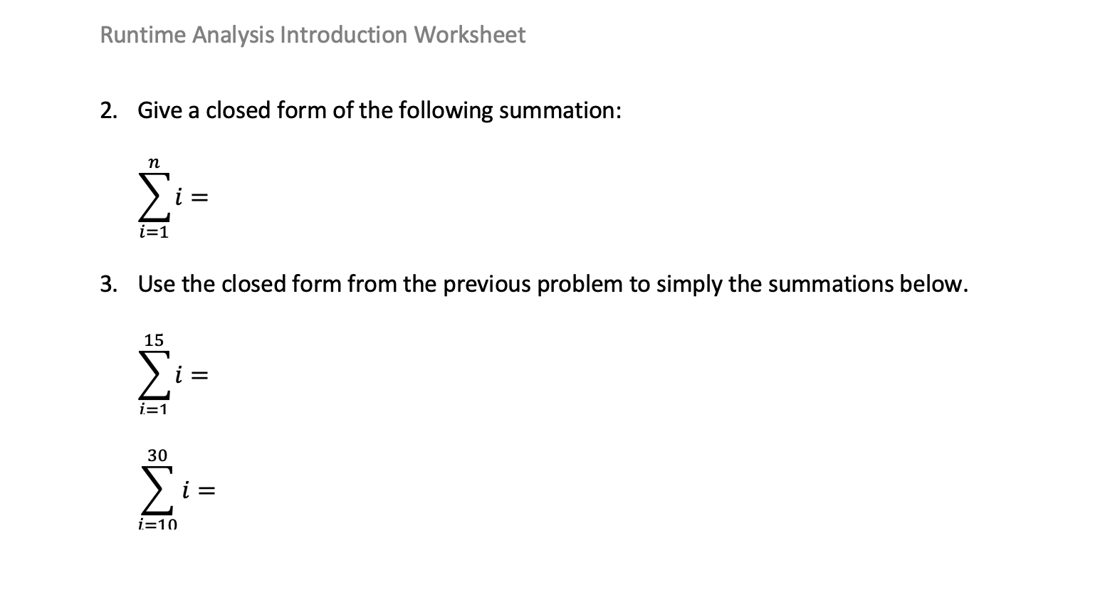 Solved Runtime Analysis Introduction Worksheet 2. Give a | Chegg.com