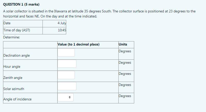Solved QUESTION 1 (5 marks) A solar collector is situated in | Chegg.com