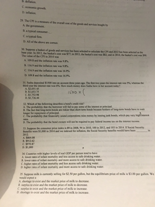 Solved B. Deflation C. Economic Growth D. Inflation. 29. The | Chegg.com