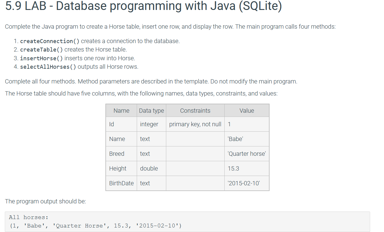Solved Complete the Java program to create a Horse table, | Chegg.com