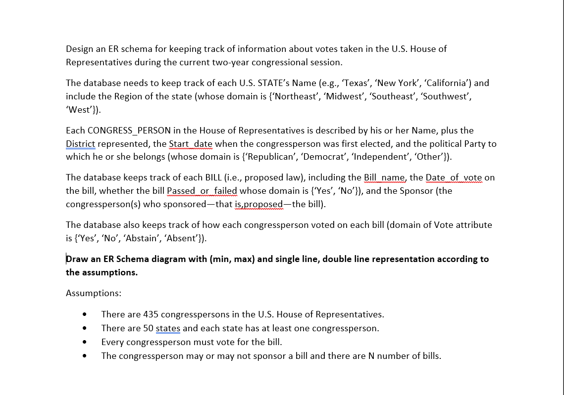 Design an ER schema for keeping track of information about votes taken in the U.S. House of Representatives during the curren