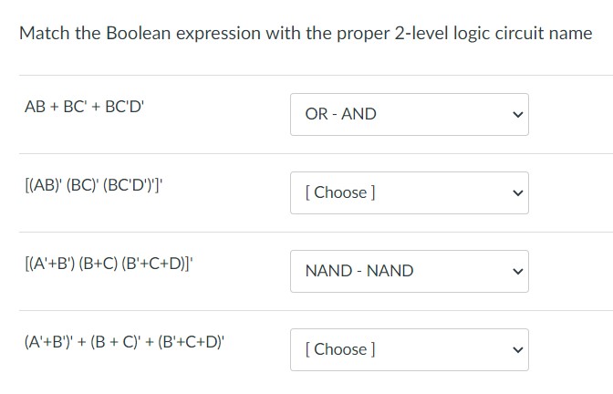 Solved Match the Boolean expression with the proper 2-level | Chegg.com