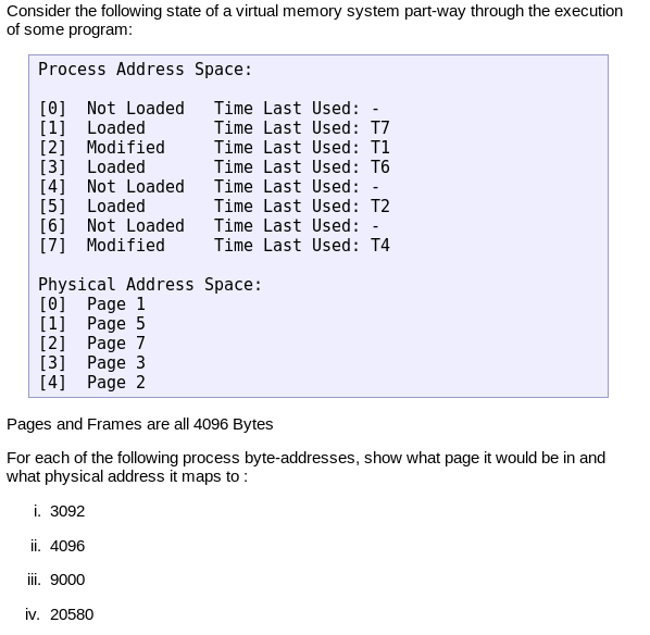 Solved Consider the following state of a virtual memory | Chegg.com