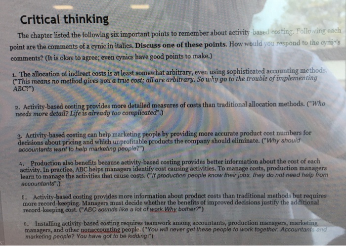 Solved Critical thinking The chapter listed the following | Chegg.com