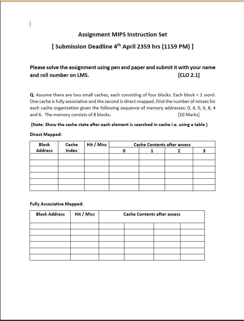 Solved Assignment MIPS Instruction Set [ Submission Deadline