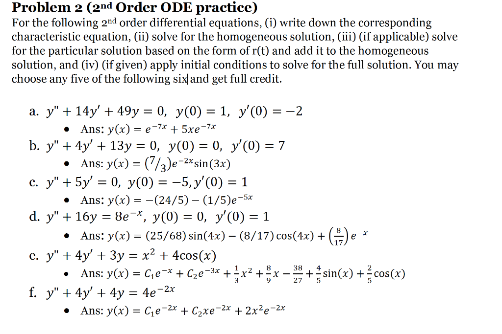 Solved Problem 2 (2nd Order ODE Practice) For The Following | Chegg.com