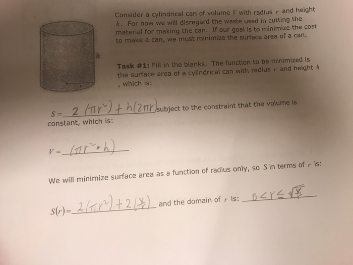 Consider a cylindrical can of volume V with radius r | Chegg.com