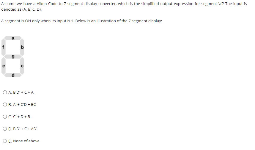 Solved Assume we have a Aiken Code to 7 segment display | Chegg.com