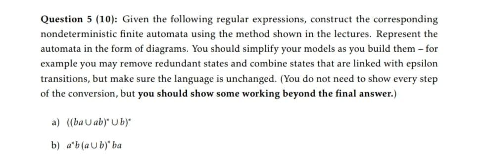 Solved Question 5 (10): Given The Following Regular | Chegg.com