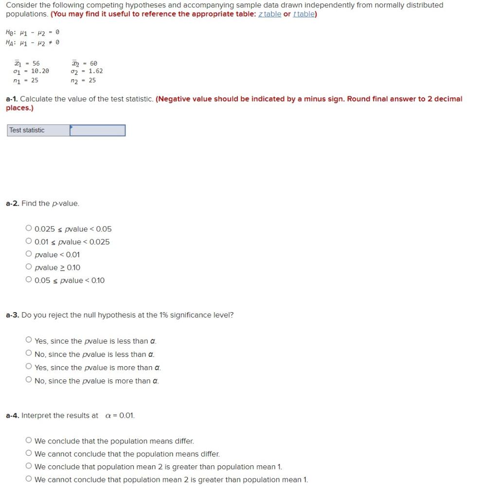 Solved Consider the following competing hypotheses and | Chegg.com