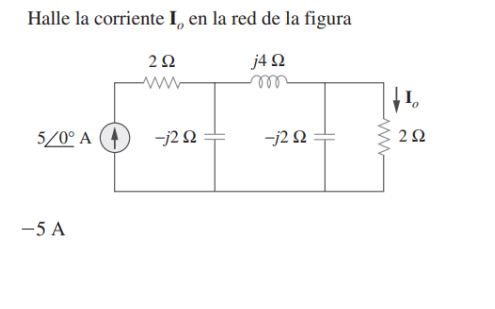 Halle la corriente \( \mathbf{I}_{o} \) en la red de la figura