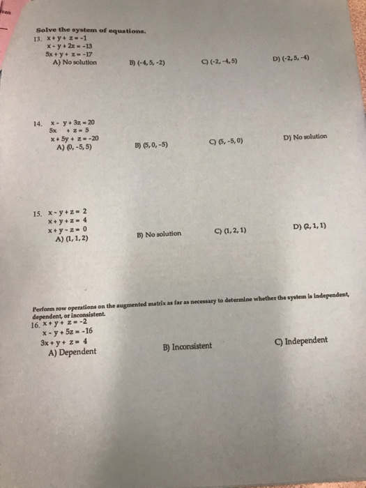 Solved Solve the system of equations, x + y + z = -1 x - y | Chegg.com