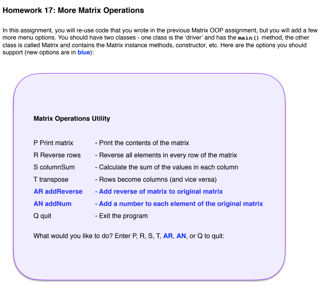 Solved Homework 17 More Matrix Operations In this Chegg