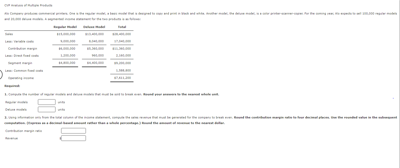 Solved CVP Analysis of Multiple Products Alo Company | Chegg.com