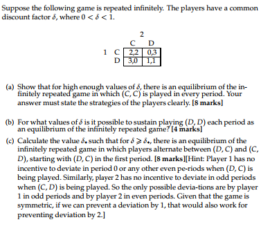 Solved Suppose The Following Game Is Repeated Infinitely. | Chegg.com