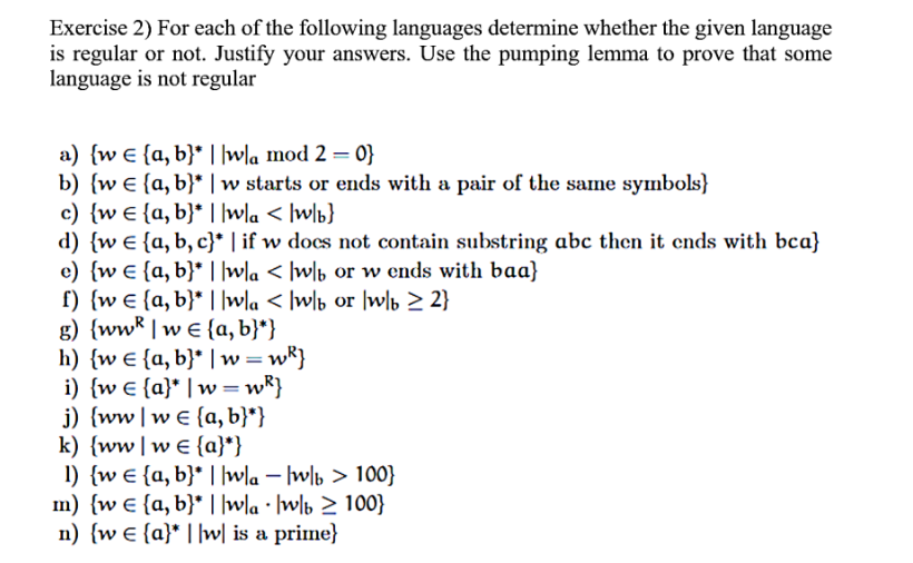 Solved Exercise 2) For Each Of The Following Languages | Chegg.com