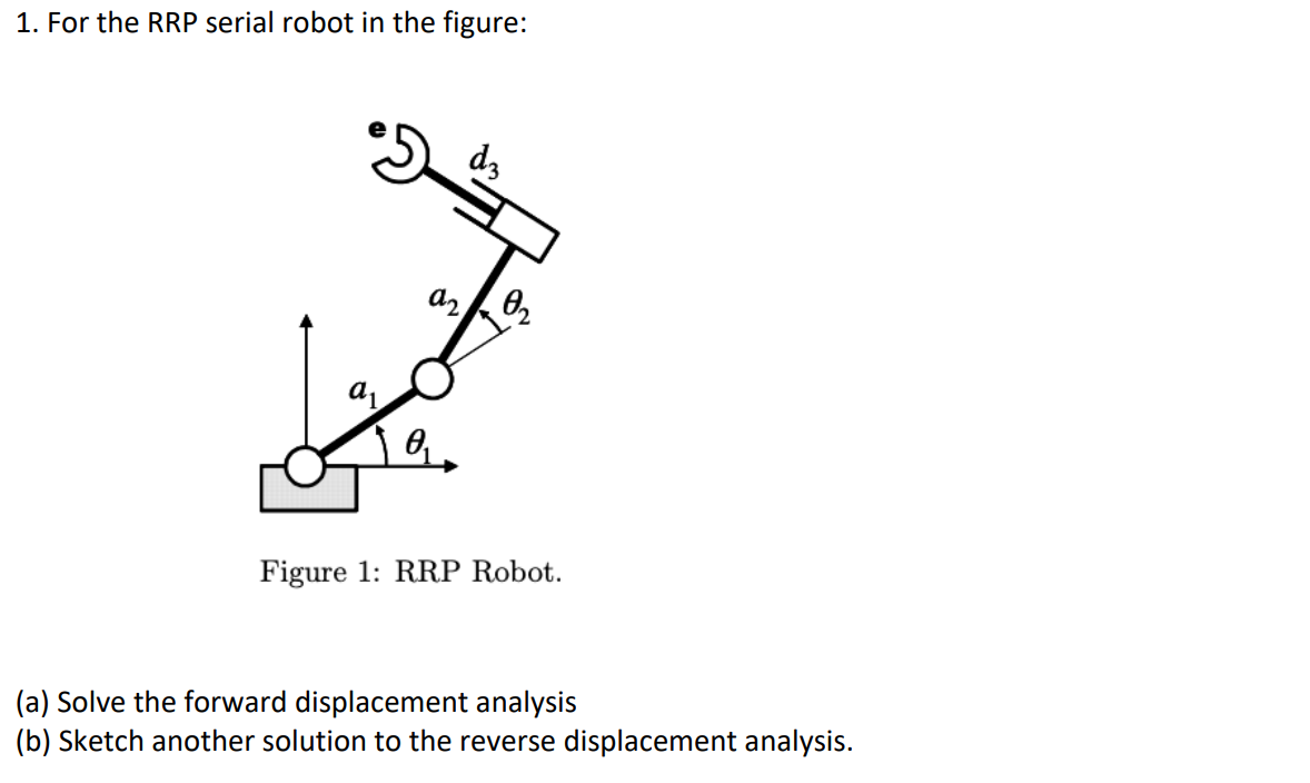 1. For the RRP serial robot in the figure:
d?
az
02
a
Figure 1: RRP Robot.
(a) Solve the forward displacement analysis
(b) Sk