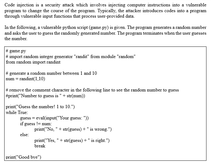 Solved Code injection is a security attack which involves | Chegg.com