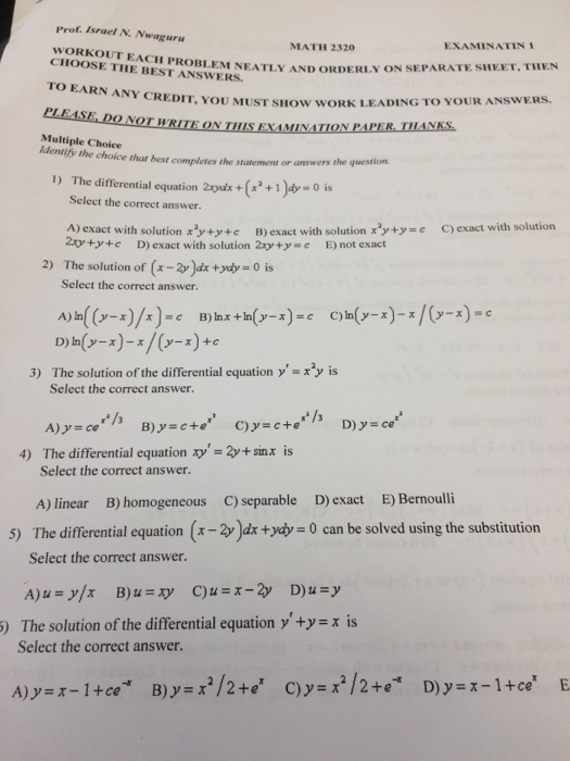Solved Prof. Israel N. Nwaguru MATH 2320 EXAMINATIN EACH | Chegg.com