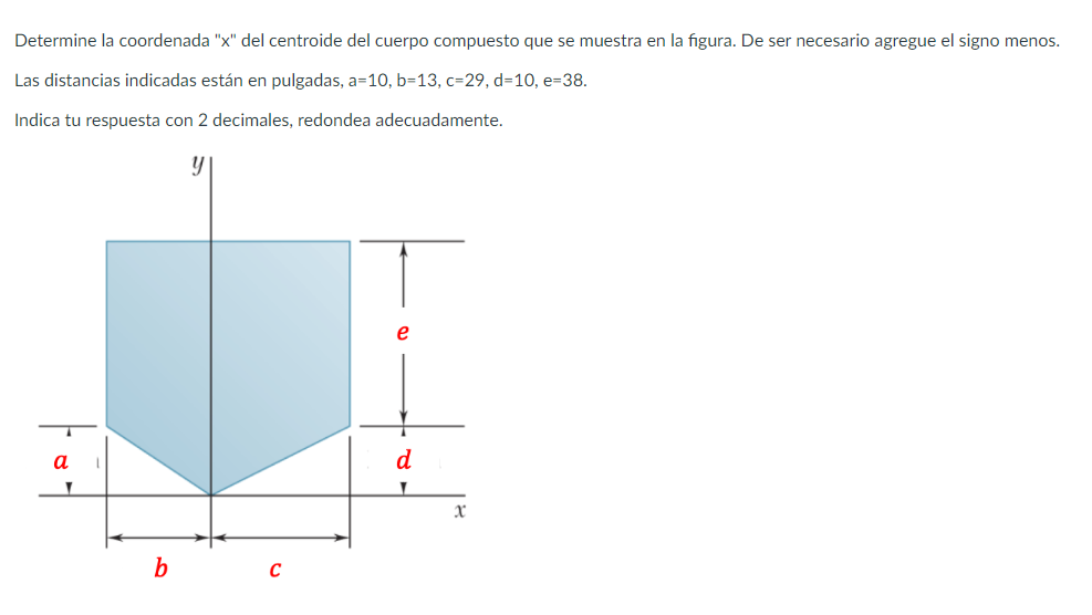 Determine la coordenada \( \mathrm{x} \) del centroide del cuerpo compuesto que se muestra en la figura. De ser necesario