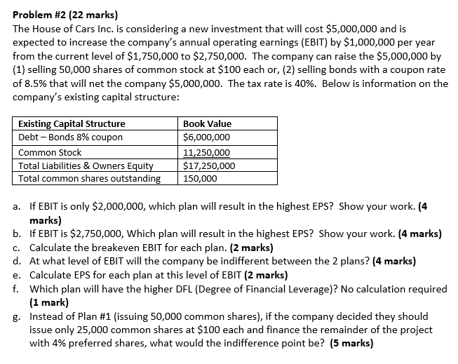Solved Problem 2 (22 marks) The House of Cars Inc. is