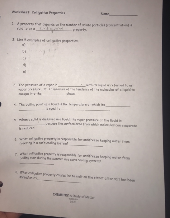 Solved: Worksheet: Colligative Properties Name A Property | Chegg.com