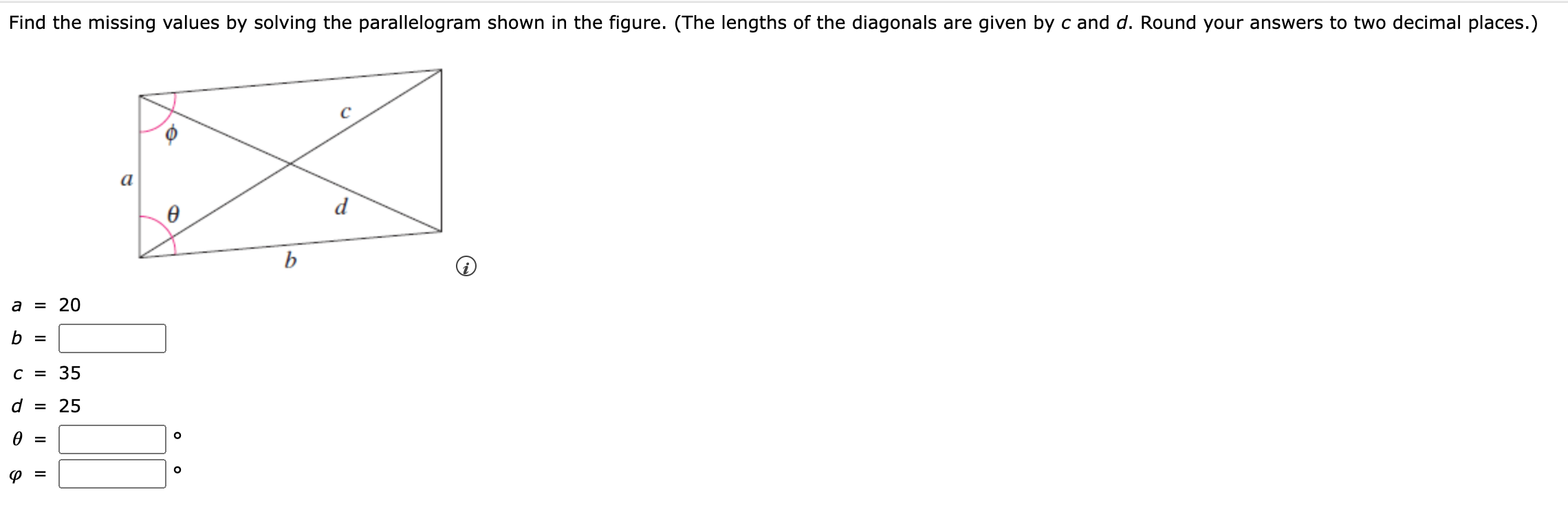 Find the missing values by solving the parallelogram shown in the figure. (The lengths of the diagonals are given by c and d.