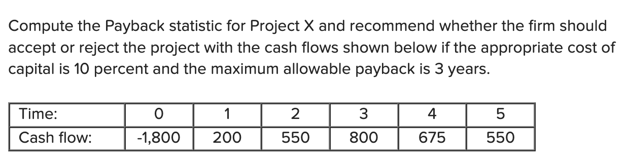 Solved Compute the Payback statistic for Project X and | Chegg.com