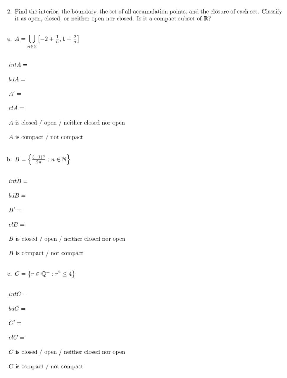 Solved 2. Find the interior, the boundary, the set of all | Chegg.com