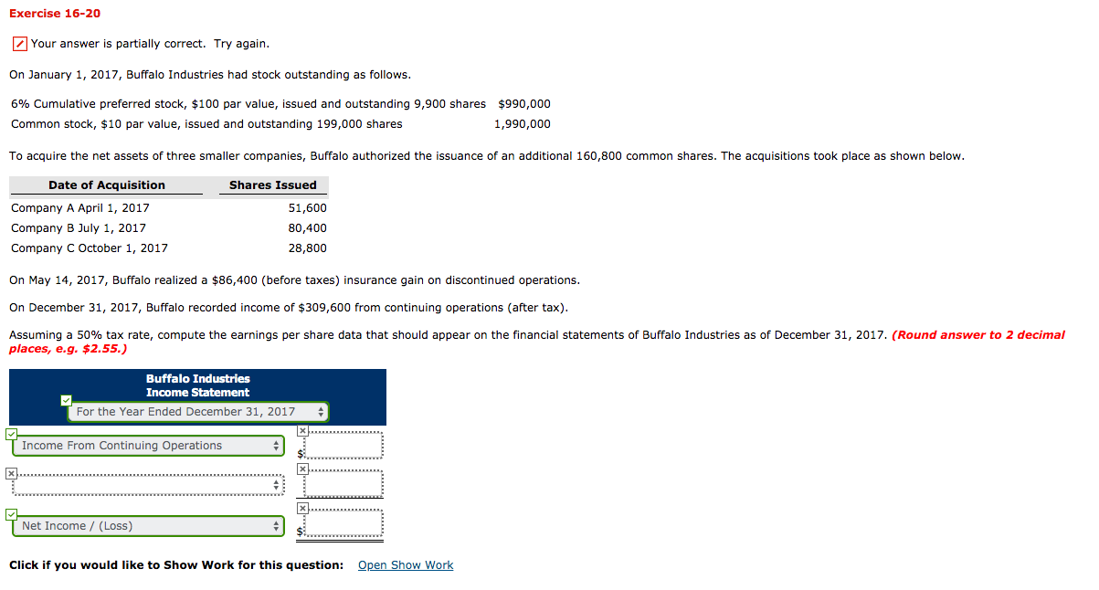 Solved Exercise 16-20 Your Answer Is Partially Correct. Try | Chegg.com