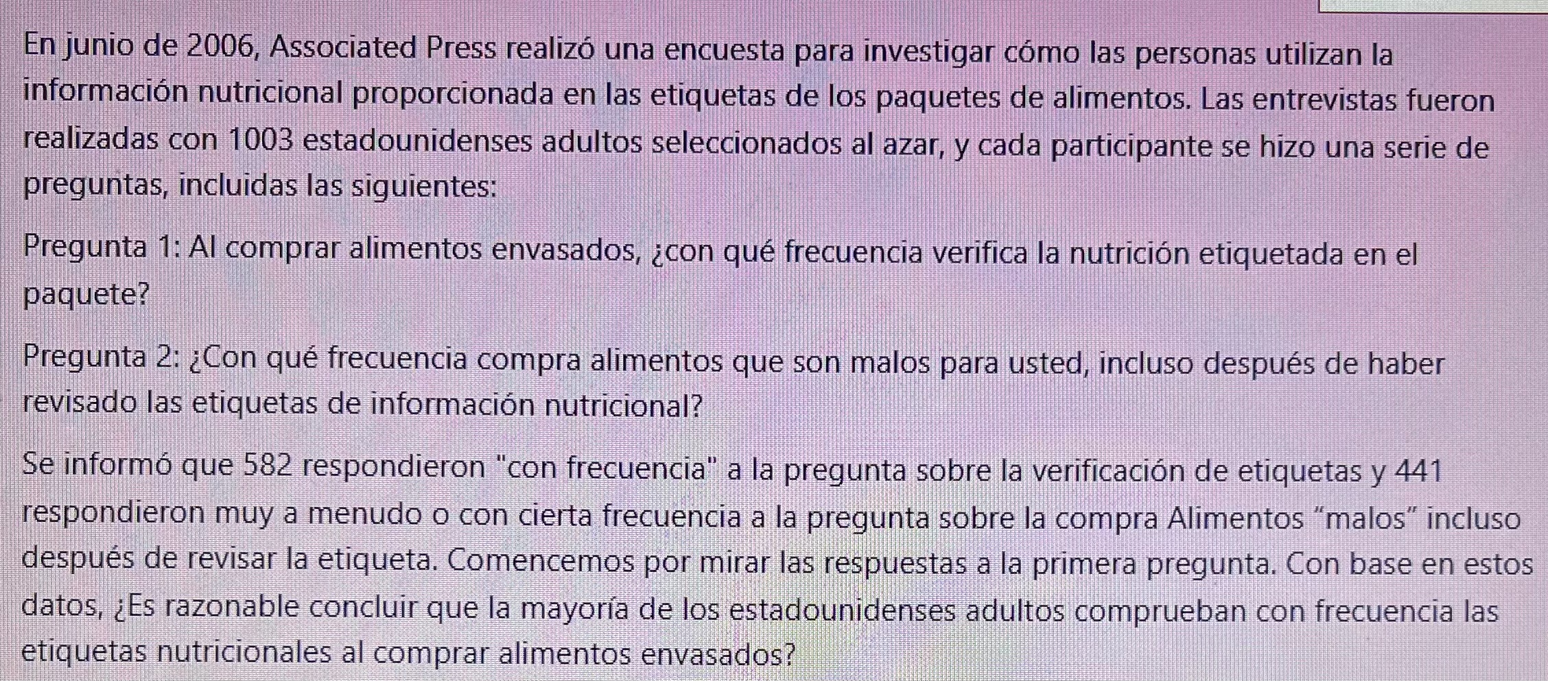 En junio de 2006, Associated Press realizó una encuesta para investigar cómo las personas utilizan la información nutricional