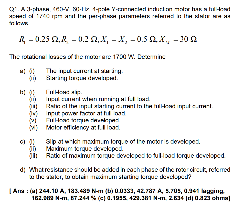 Solved Q1. A 3phase, 460V, 60Hz, 4pole Yconnected