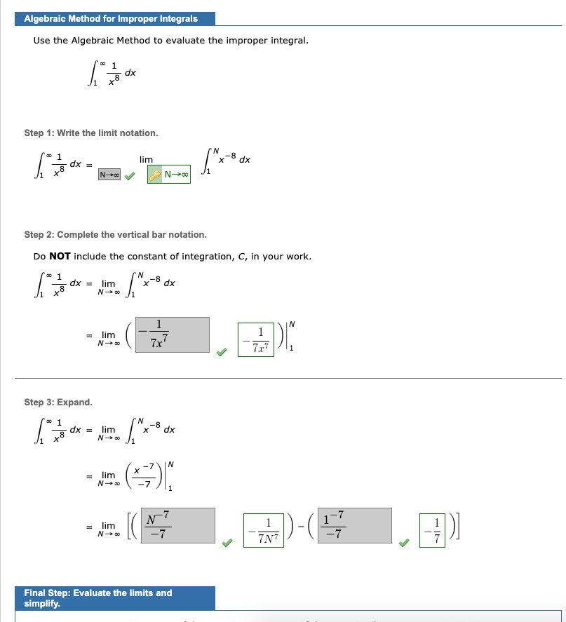 Solved Algebraic Method For Improper Integrals Use The