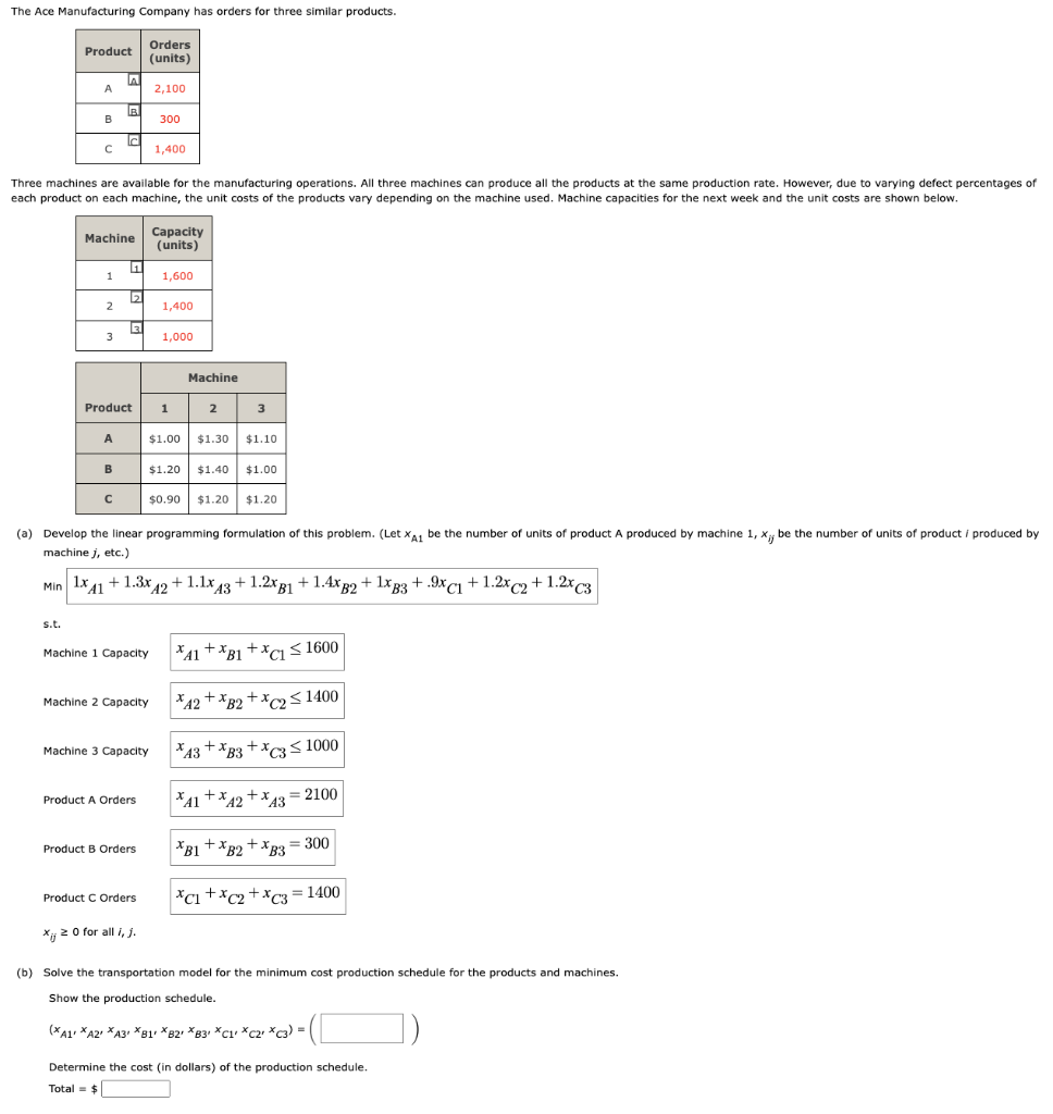 Solved The Ace Manufacturing Company has orders for three