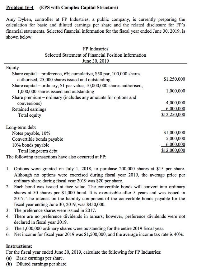 Solved Problem 16-4 (EPS with Complex Capital Structure) Amy | Chegg.com