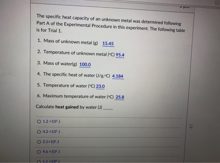 Solved The specific heat capacity of an unknown metal was | Chegg.com