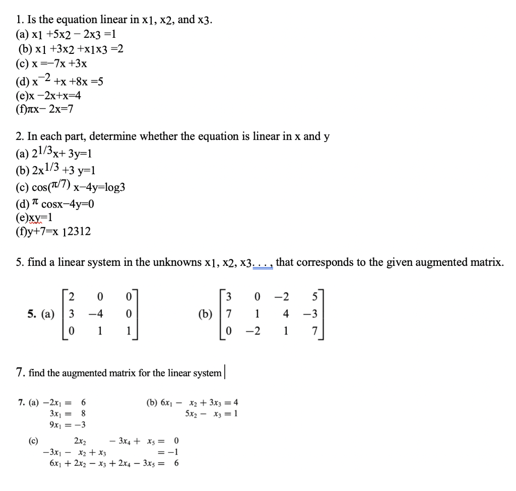 Solved 1. Is The Equation Linear In X1, X2, And X3. (a) X1 | Chegg.com