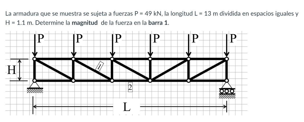 La armadura que se muestra se sujeta a fuerzas \( P=49 \mathrm{kN} \), la longitud \( L=13 \mathrm{~m} \) dividida en espacio