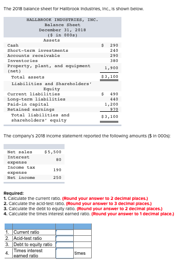 Solved The 2018 balance sheet for Hallbrook Industries, | Chegg.com