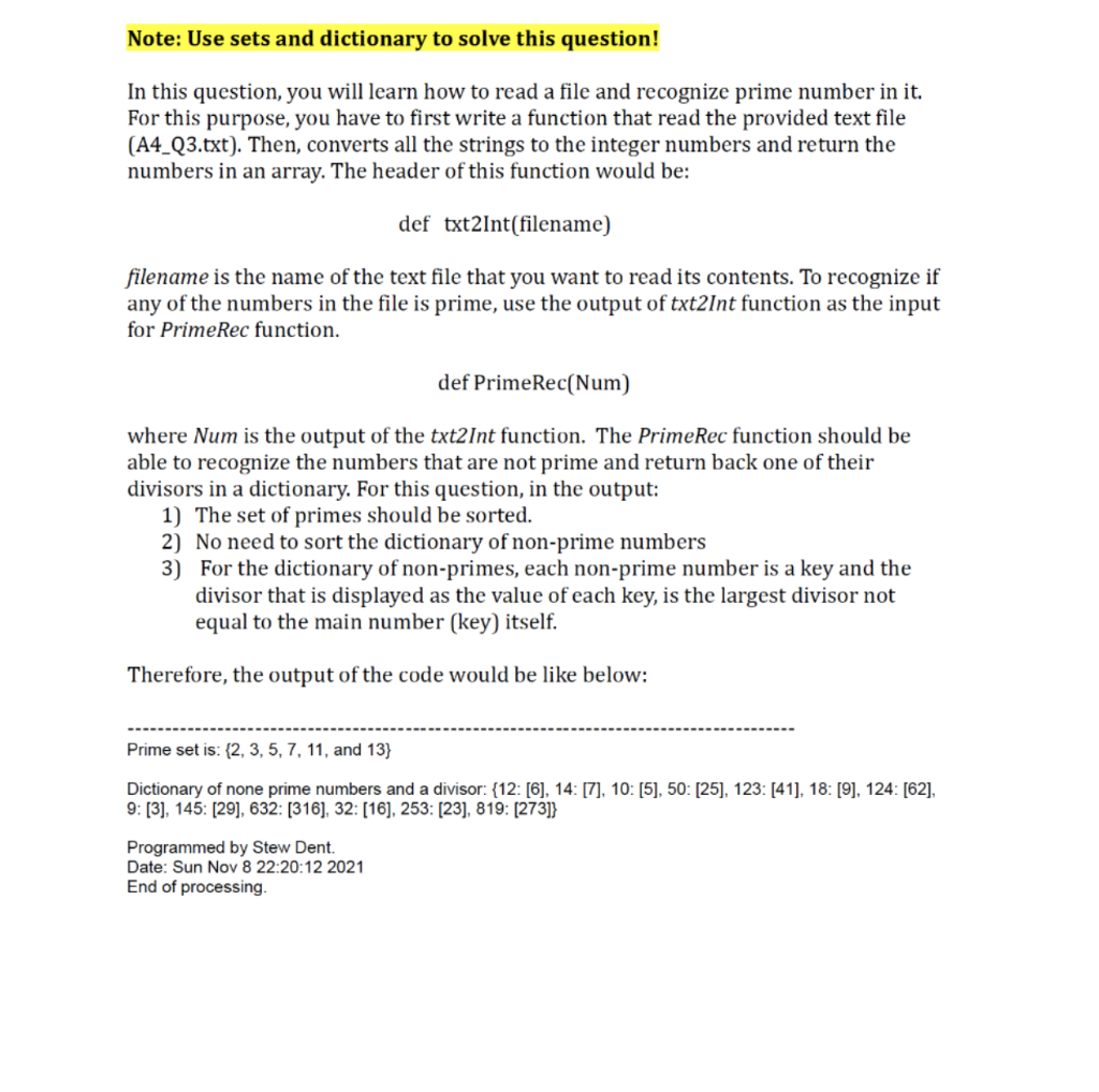 Solved Note: Use sets and dictionary to solve this question! | Chegg.com