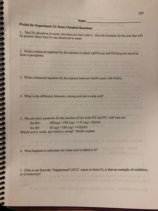 Solved 121 Name Prelab for Experiment 12: Some Chemical | Chegg.com