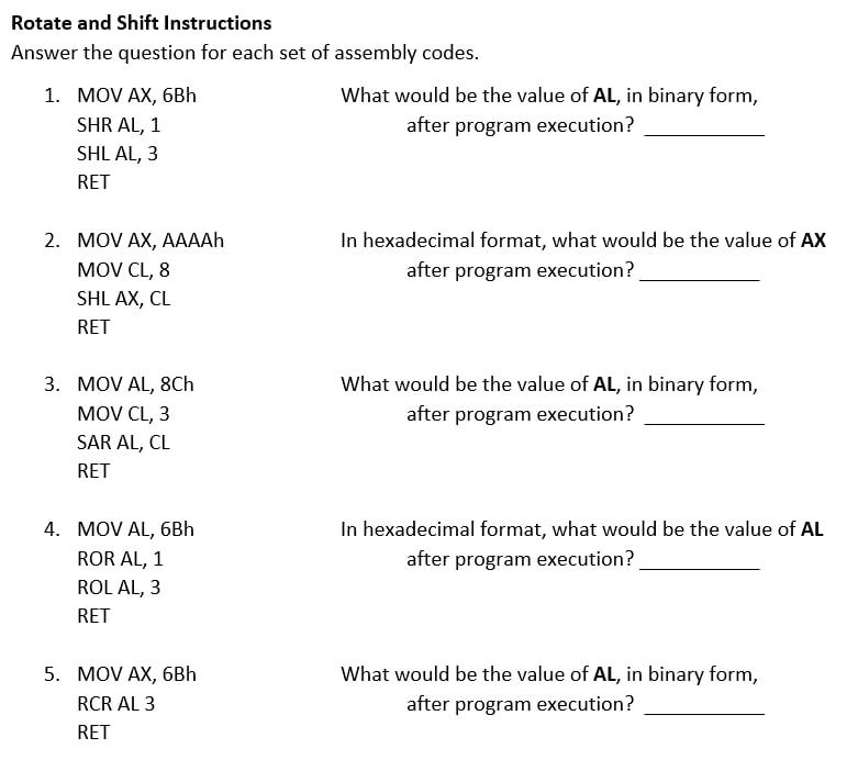 Solved Rotate and Shift Instructions Answer the question for