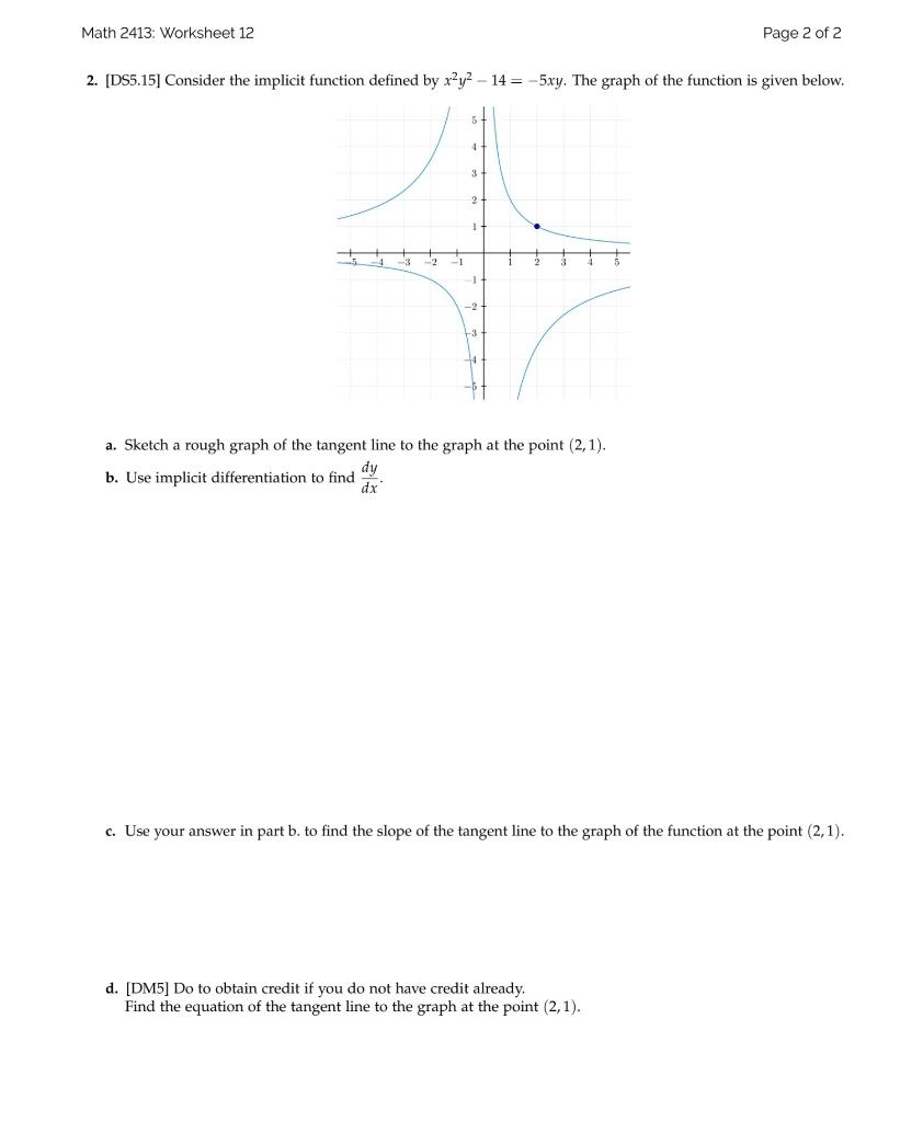 Solved Math 2413: Worksheet 12 Page 2 of 2 2. [DS5.15] | Chegg.com