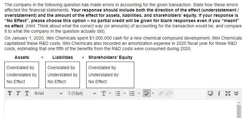 The company in the following question has made errors in accounting for the given transaction. State...