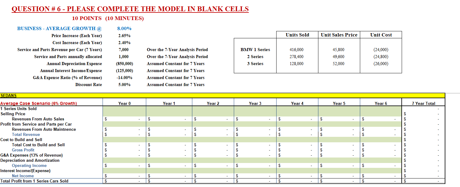 QUESTION \# 6 - PLEASE COMPLETE THE MODEL IN BLANK CELLS